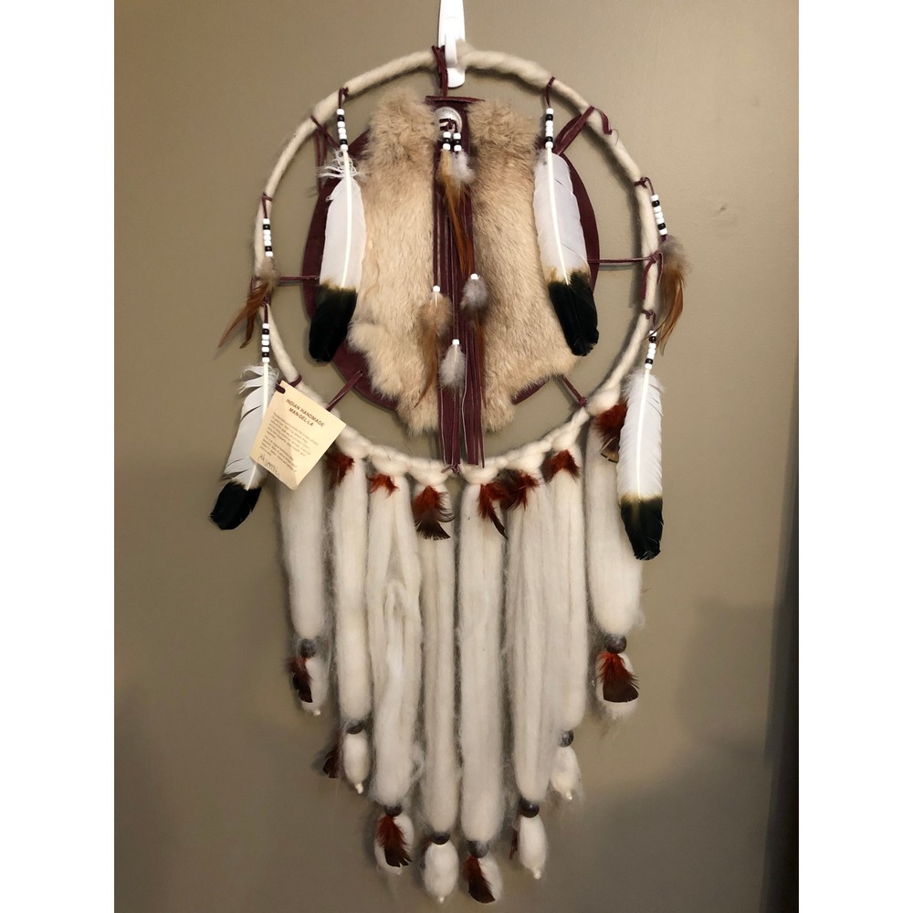 Vtg Large Mandela Wall Hanging Dream Catcher Tag Intact Native American Fur Wool